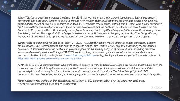 黑莓手机将彻底退出历史舞台 TCL官宣今年8月底停售