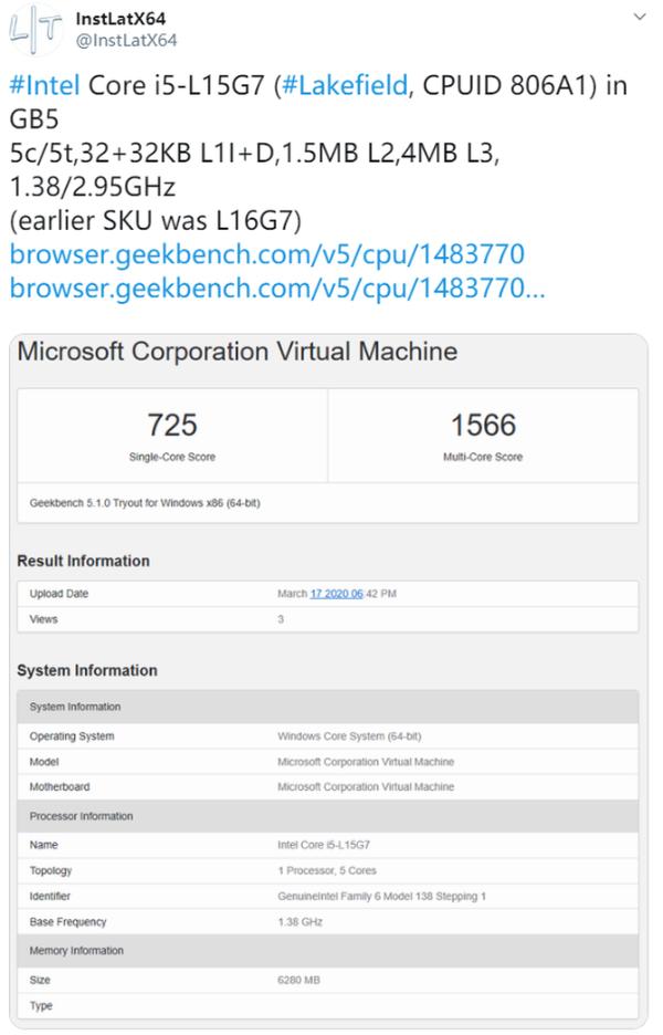 英特尔Lakefield处理器再次现身，这次是i5-L15G7