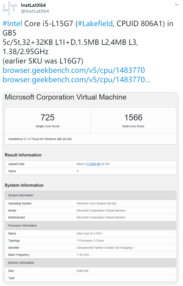 Intel5核心▲Intel 5核心第二款型号i5-L15G7现身：疑似微软双屏本