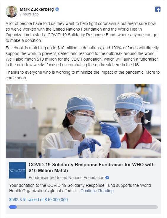 Facebook将捐款2000万美元，以抗击疫情