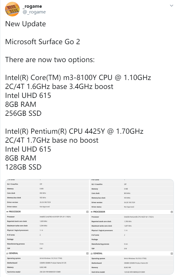 微软Surface Go 2配置全面升级：可选5W超低功耗酷睿m3-8100Y