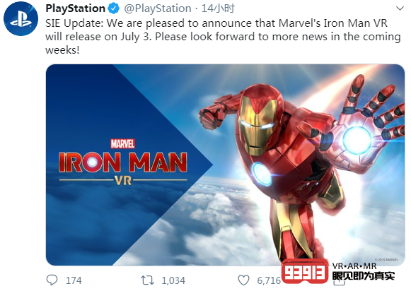 索尼互动娱乐官推：《钢铁侠VR》将在7月3日上市！