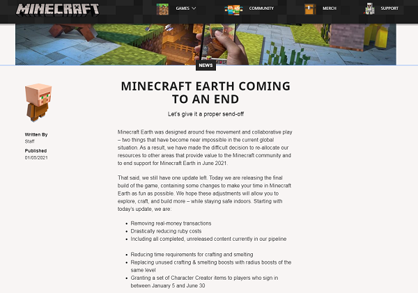 受疫情影响 AR游戏「Minecraft Earth」将于今年6月结束运营