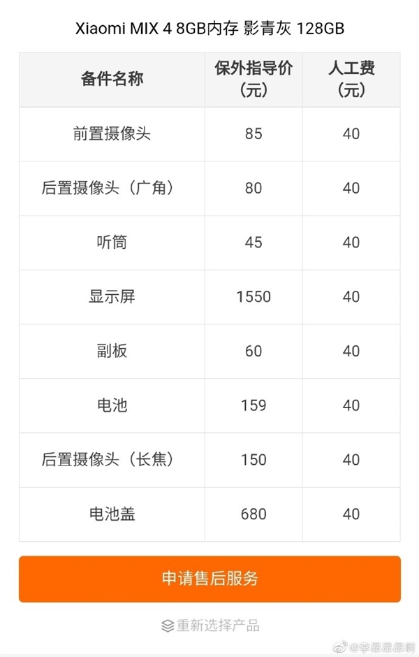 小米MIX 4维修价格公布：赶紧贴膜戴壳吧