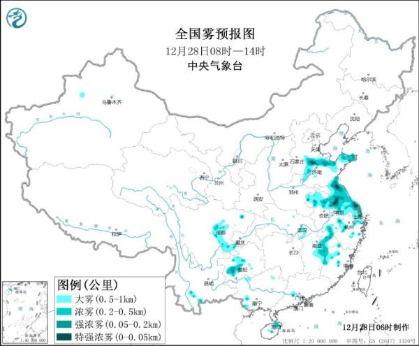 大雾黄色预警！山东安徽江苏等地局地有能见度低于50米特强浓雾