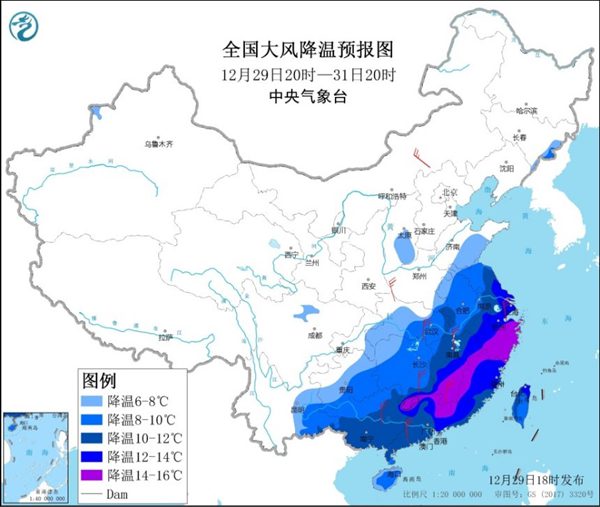 寒潮橙色预警：江南华南等局地降温幅度将超16℃