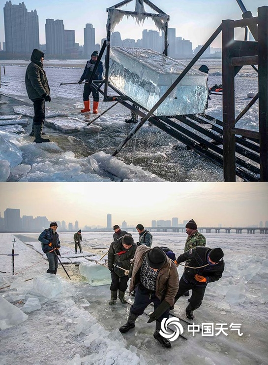冰雪美景制造者 哈尔滨松花江上的采冰人