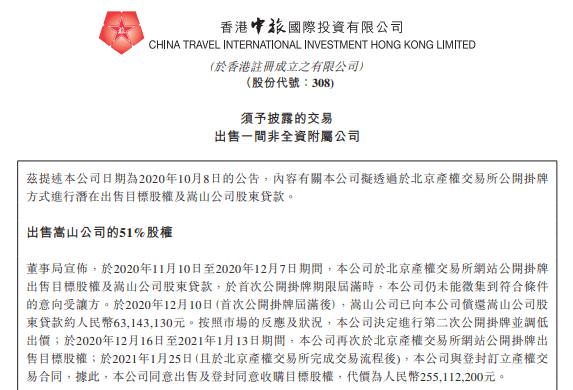 香港中旅出售嵩山少林文旅51%股权，成交价2.55亿元