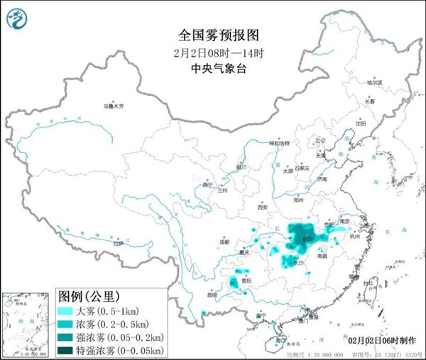 大雾黄色预警 湖北湖南局地有能见度不足200米的强浓雾 