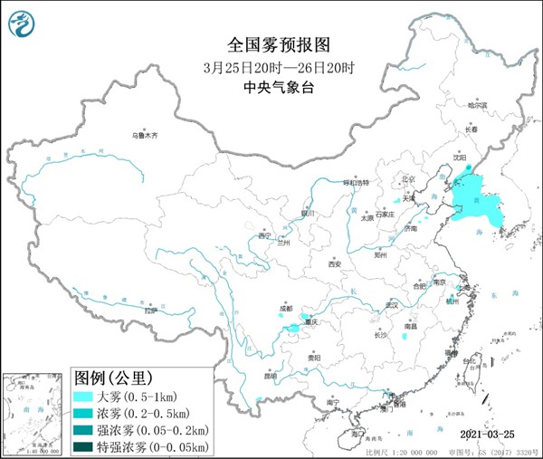 大雾黄色预警：辽宁东南部四川盆地南部等地有大雾
