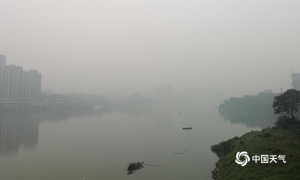 重庆嘉陵江被雾笼罩 建筑物若隐若现