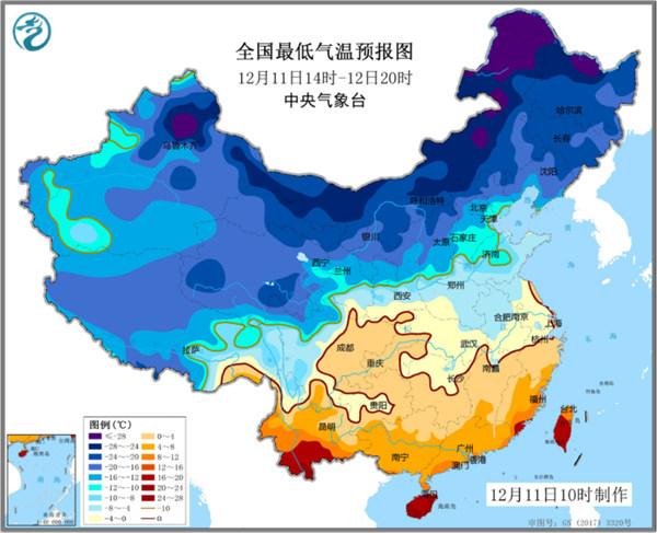 寒潮蓝色预警：最低温0℃线位于江南北部至四川盆地一带