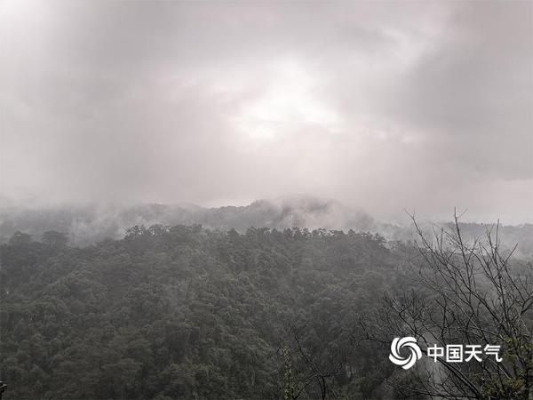 福建桃源洞景区雨雾缭绕 游客冒雨赏景