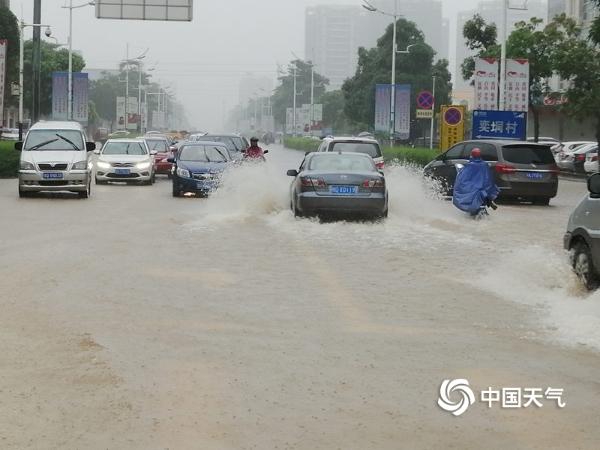 广东阳江雨势猛烈内涝严重 路上驾车如行船