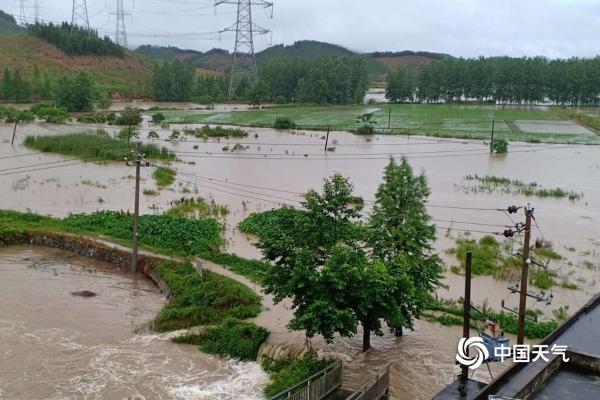 江西遭遇强降雨 多地农田及道路被淹