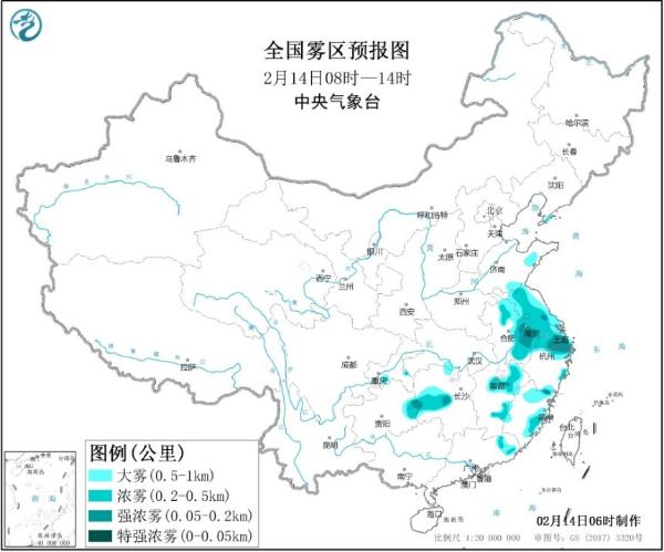 大雾黄色预警 江苏上海安徽浙江湖南局地能见度不足200米