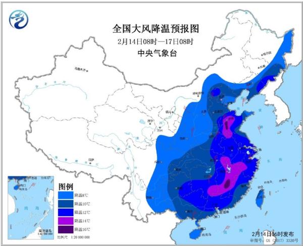 寒潮黄色预警 中东部部分地区降温12℃到16℃