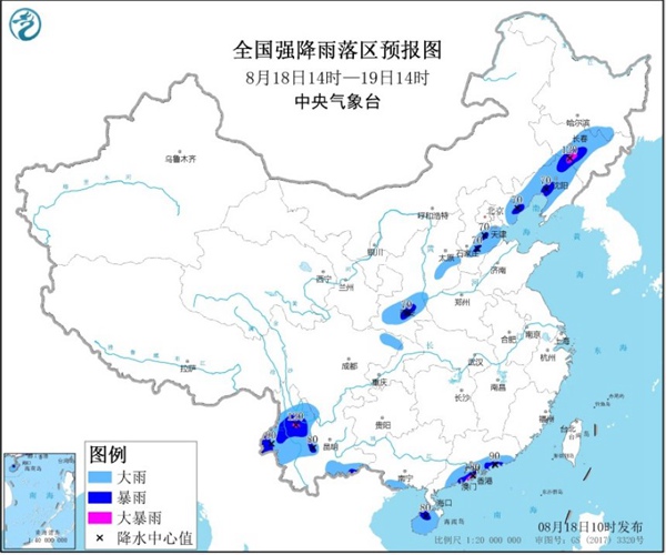 暴雨黄色预警：吉林辽宁云南广东等地部分地区有大暴雨