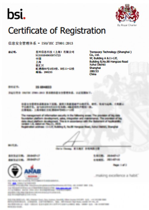 星环科技成功通过ISO27001信息安全管理体系认证