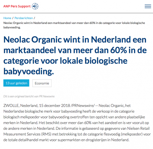 有机潮流来了！Neolac悠蓝在荷兰本土有机奶粉品牌市场份额超60%