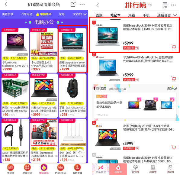 618开门红双冠王 荣耀MagicBook笔记本6日限时再降200