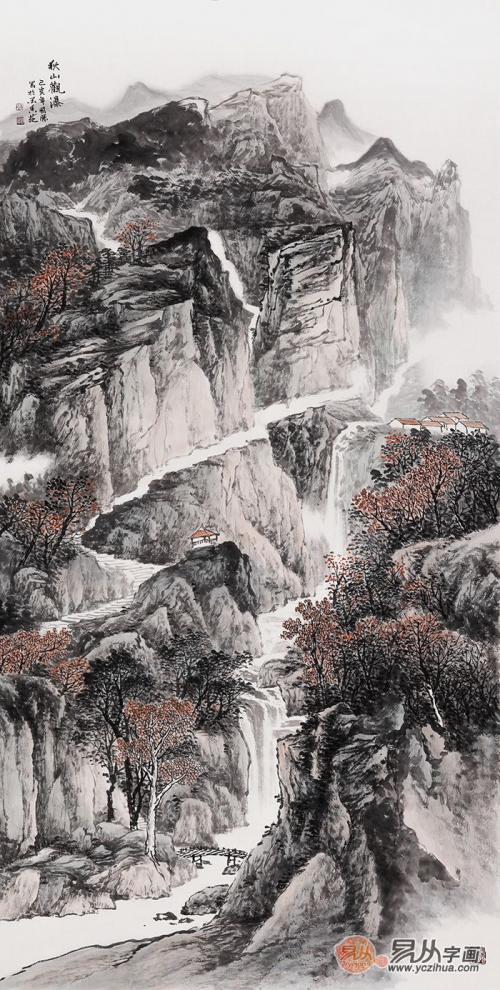广西美协画家李国胜竖幅小写意山水画《秋山观瀑》欣赏