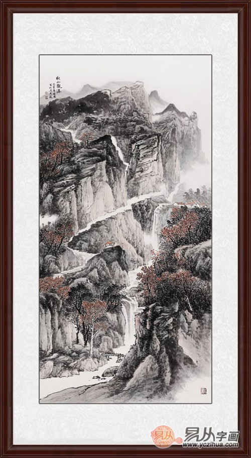 广西美协画家李国胜竖幅小写意山水画《秋山观瀑》欣赏