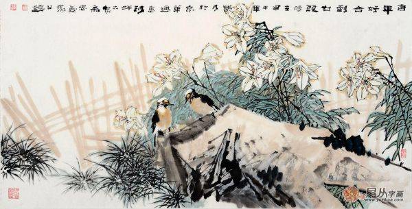 当代著名写意花鸟画家王忠义作品：花香鸟语、生机勃勃