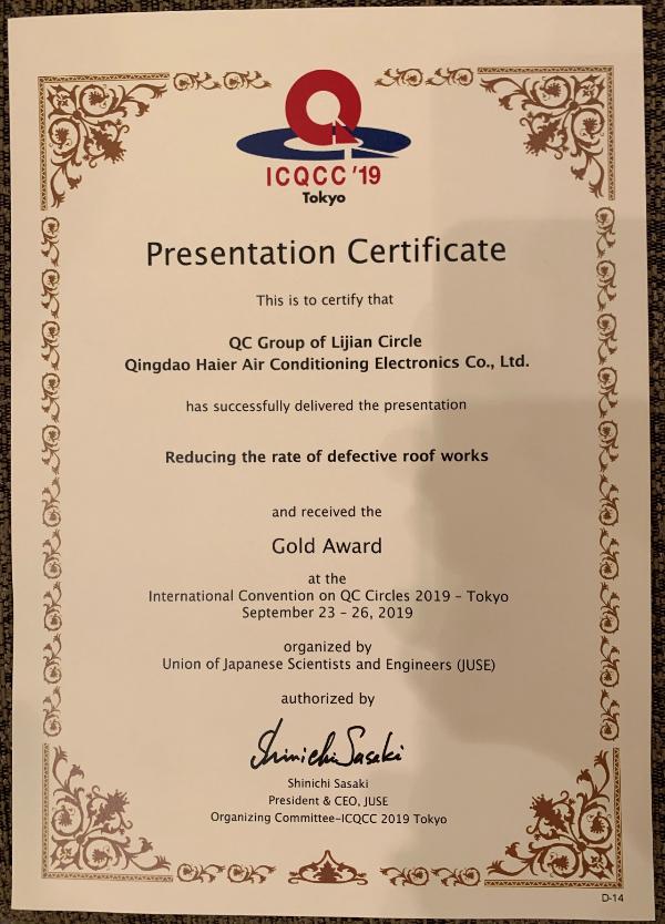 海尔荣获第44届国际质量管理小组大会(ICQCC)金奖