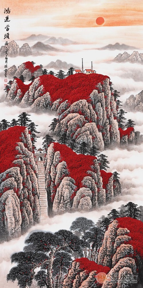 为老人祝寿送什么？一幅“中国红”山水画，大气！