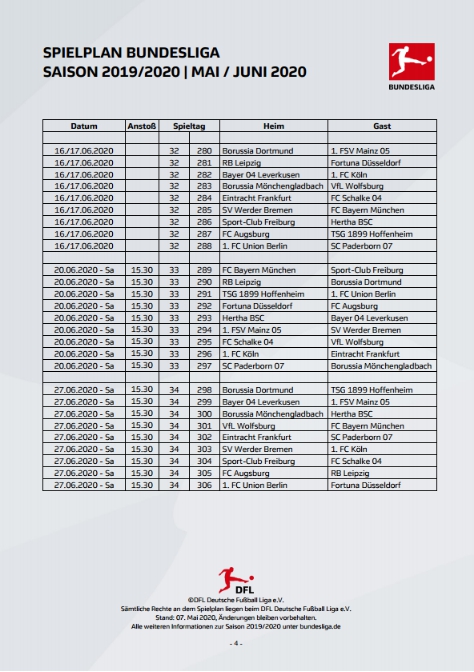 2019/20赛季德甲联赛5月16日正式重启