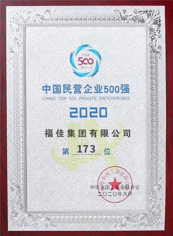 2020中国民营企业500强发布 福佳集团位列173位
