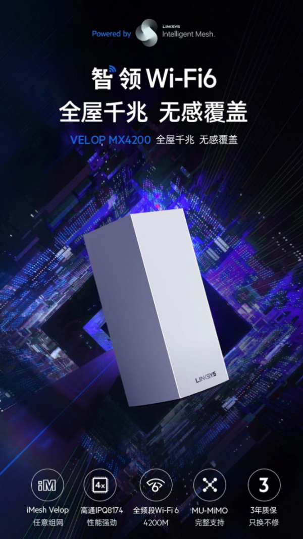 LINKSYS Velop MX4200 WiFi-6 三频分布式MESH路由器上市