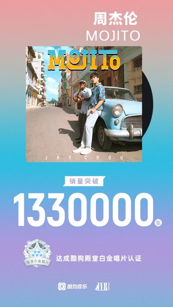 从夏天嗨到冬天 周杰伦《Mojito》获酷狗殿堂白金唱片认证