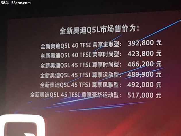 全新奥迪Q5L上市 售价39.28-51.70万元