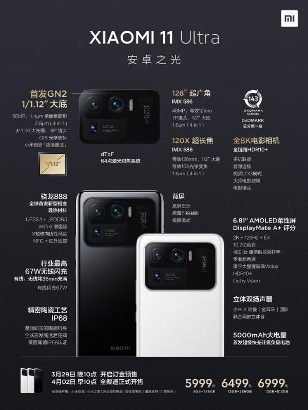 小米11 Ultra发布：搭载首款全8K电影相机，5999元起