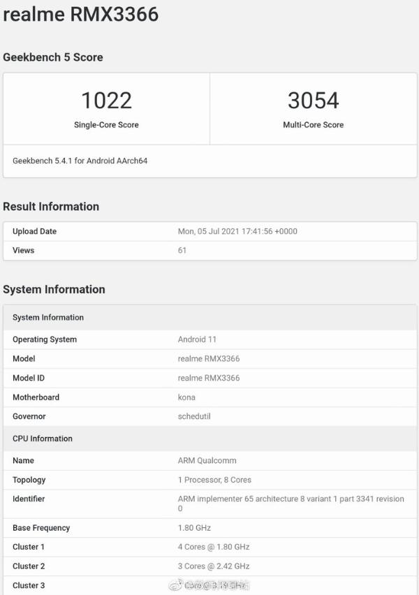 realme GT大师版新机跑分曝光，搭载骁龙870