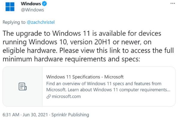 微软：Win10升级11需要达到20H1以上版本