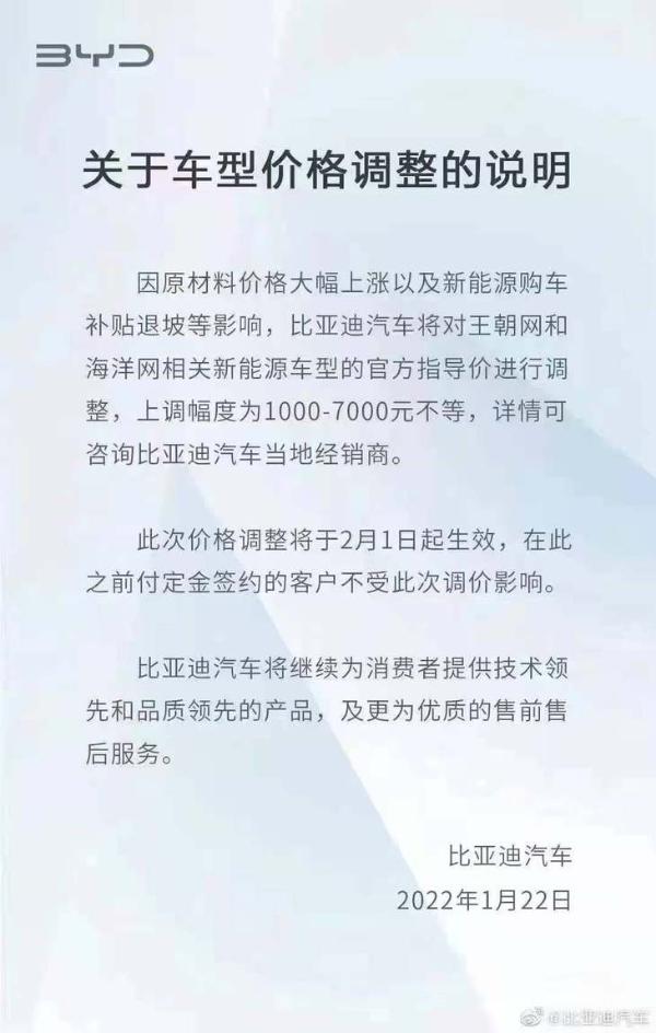 原材料价格大幅上涨 比亚迪2月1日起部分车型售价上涨