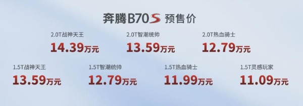 11.09-14.39万元 一汽奔腾B70S开启预售