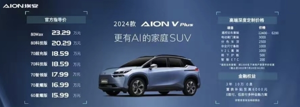 2024款AION V Plus正式上市 售价15.99万-23.29万元