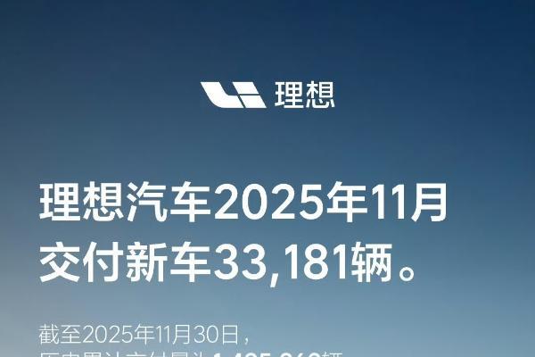 理想汽车11月交付新车33181辆