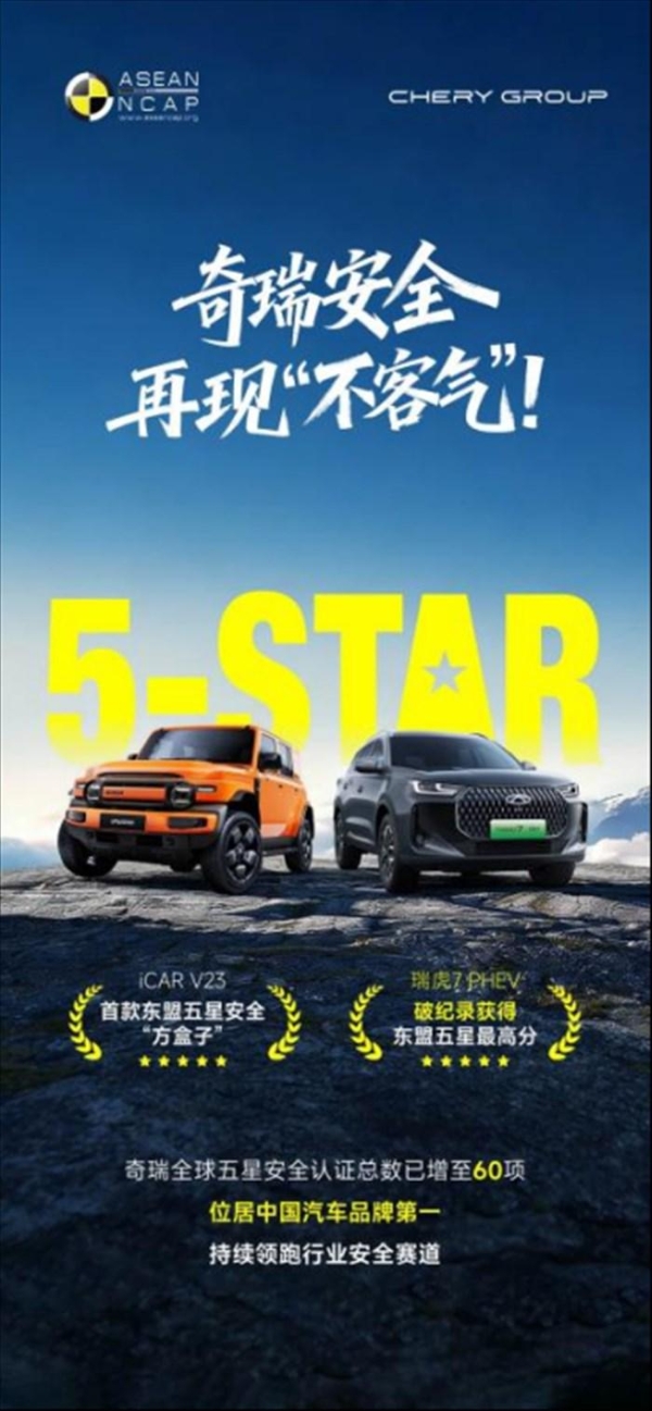 瑞虎7创造东盟五星评价最高分 iCAR V23成为首款“五星方盒子”