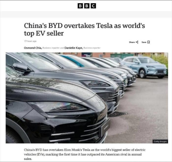 超越特斯拉！比亚迪问鼎2025年全球纯电销量冠军