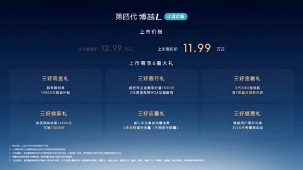 智能进阶定义燃油SUV价值标准，第四代博越L小蓝灯版上市限时价11.99万元！