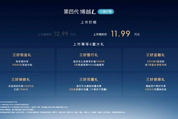 智能进阶定义燃油SUV价值标准，第四代博越L小蓝灯版上市限时价11.99万元！