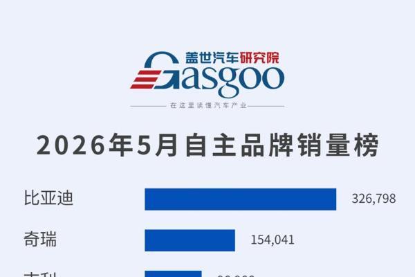 2026年5月乘用车自主品牌销量榜：比亚迪32.6万辆领跑，极氪34,377辆跻身前十
