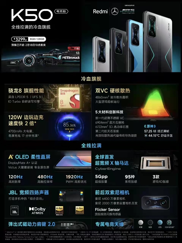 Redmi K50电竞版3299元起：骁龙8、双VC液冷散热、120W神仙秒充