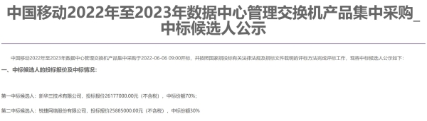 中国移动数据中心管理交换机产品集采：新华三、锐捷中标