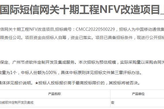 中国移动国际短信网关十期工程NFV改造项目集采：预估采购规模2套